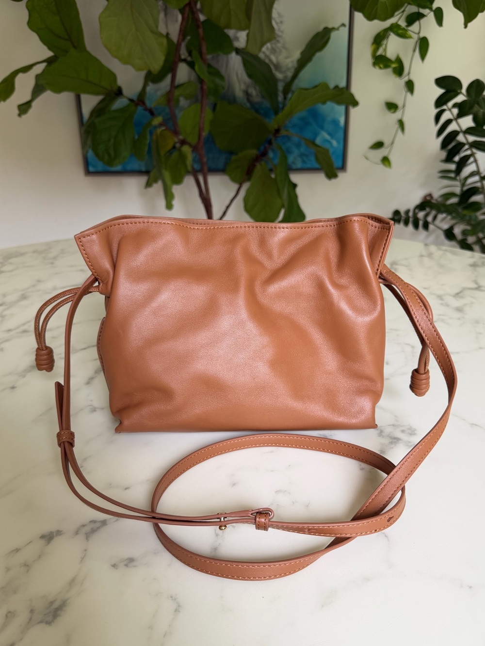 NWOT Quince Italian Leather Drawstring Pouch Crossbody Cognac Tan Brown
